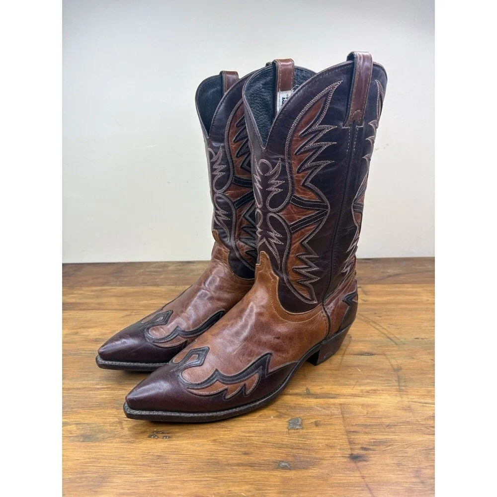Vtg. Code West Two Tone Leather Flame Inlay Cowboy Boots Mens 10 M USA Western